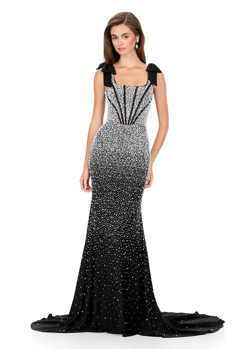 Dover Gown | Black Formal pearl jersey dress with intricate heat-set stones, bow shoulder straps, v-back design, and figure-hugging silhouette.