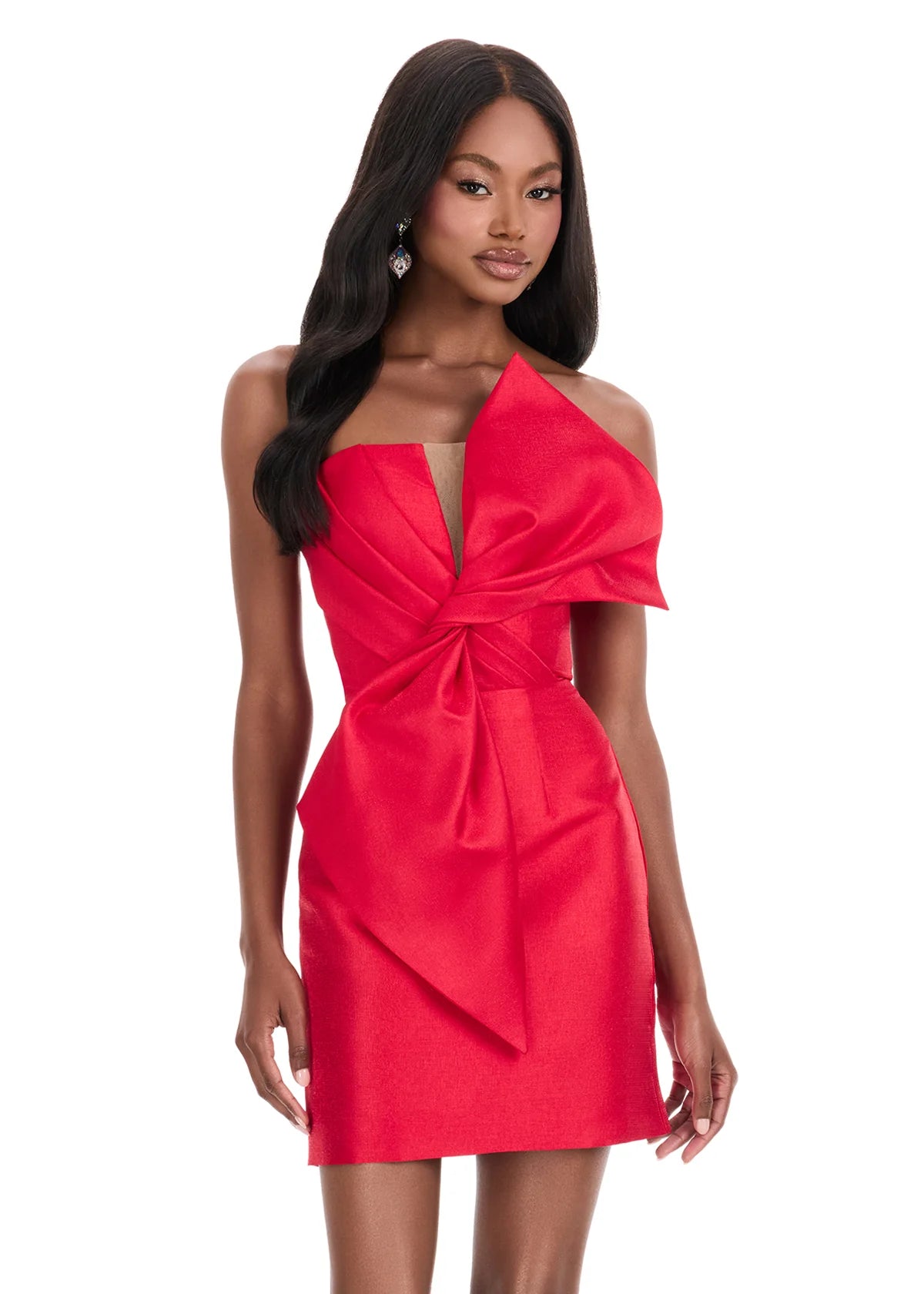 Eudora Mini Dress | Red One-shoulder mini dress with bold front bow, asymmetric neckline, and structured silhouette.