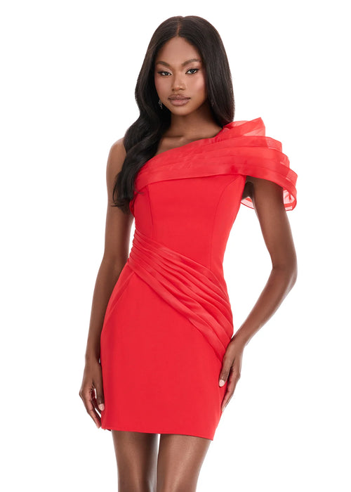 Kiraz Mini Dress | Red Statement mini with structured pleats, fitted shape, and dramatic one-shoulder organza detail.