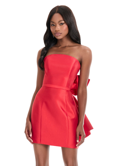 Makari Mini Dress | Red mikado mini dress with strapless bodice and oversized back bow – front view