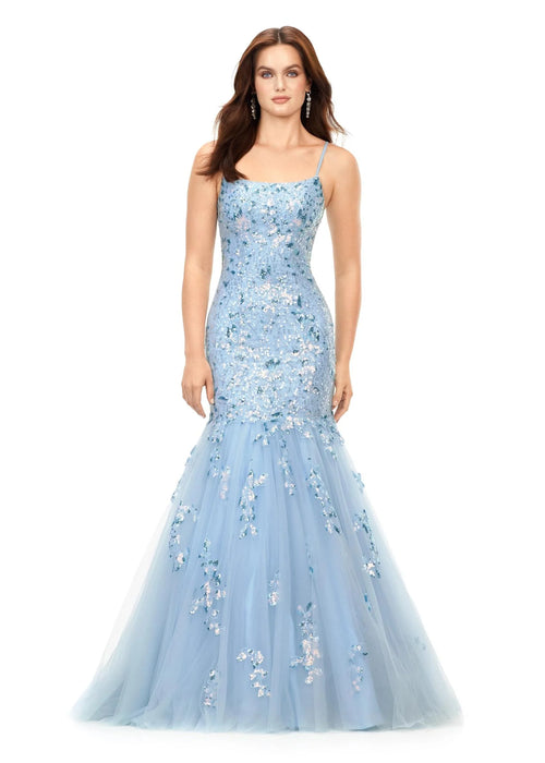 Tiffany Gown | Sky Spaghetti-strap gown with straight neckline, cascading sequin appliqué on tulle fit-and-flare skirt, and adjustable open lace-up back.