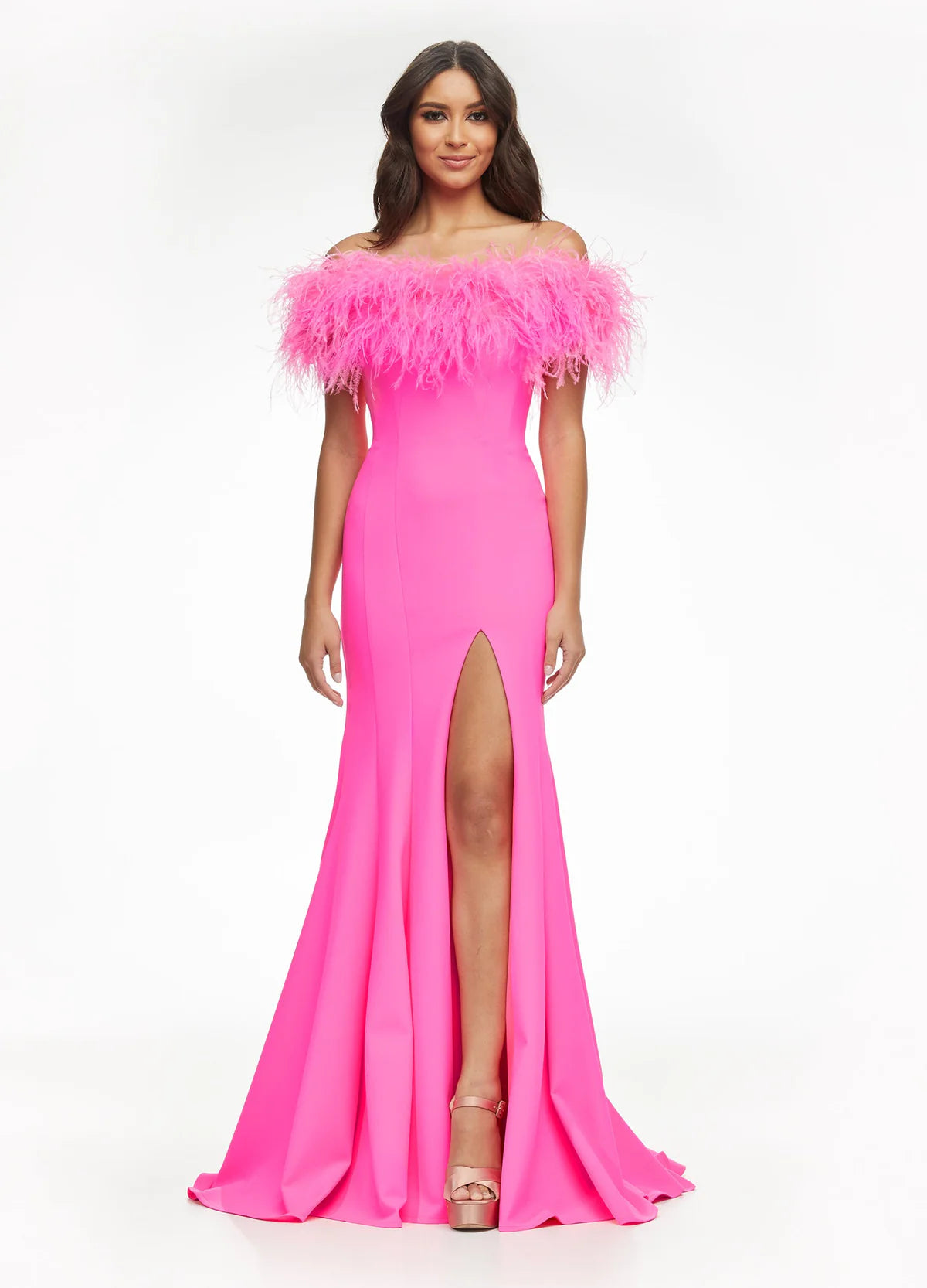 Pink White gown with an off-the-shoulder feathered neckline, fitted silhouette, high slit, and floor-length design.