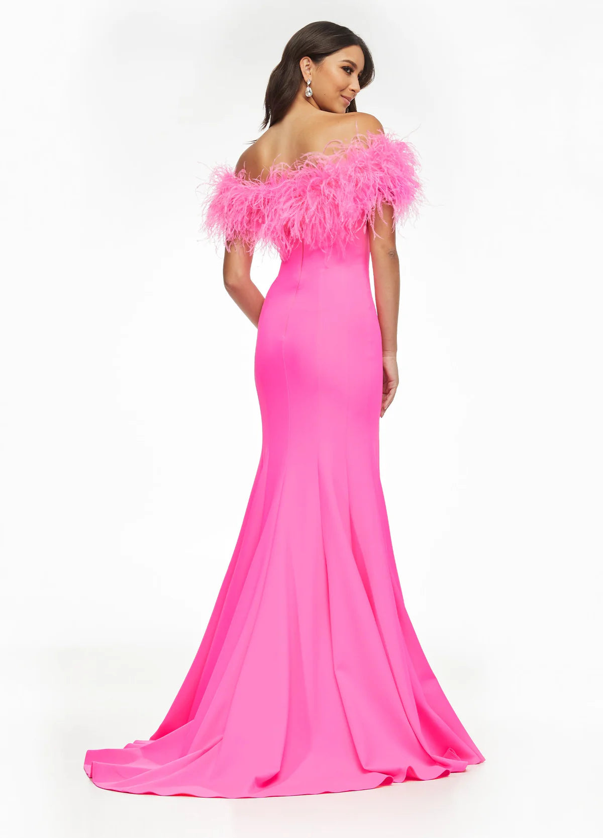 Back View - Pink White gown with an off-the-shoulder feathered neckline, fitted silhouette, high slit, and floor-length design.