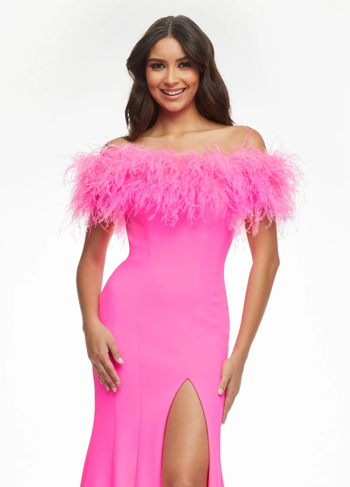 Pink White gown with an off-the-shoulder feathered neckline, fitted silhouette, high slit, and floor-length design.