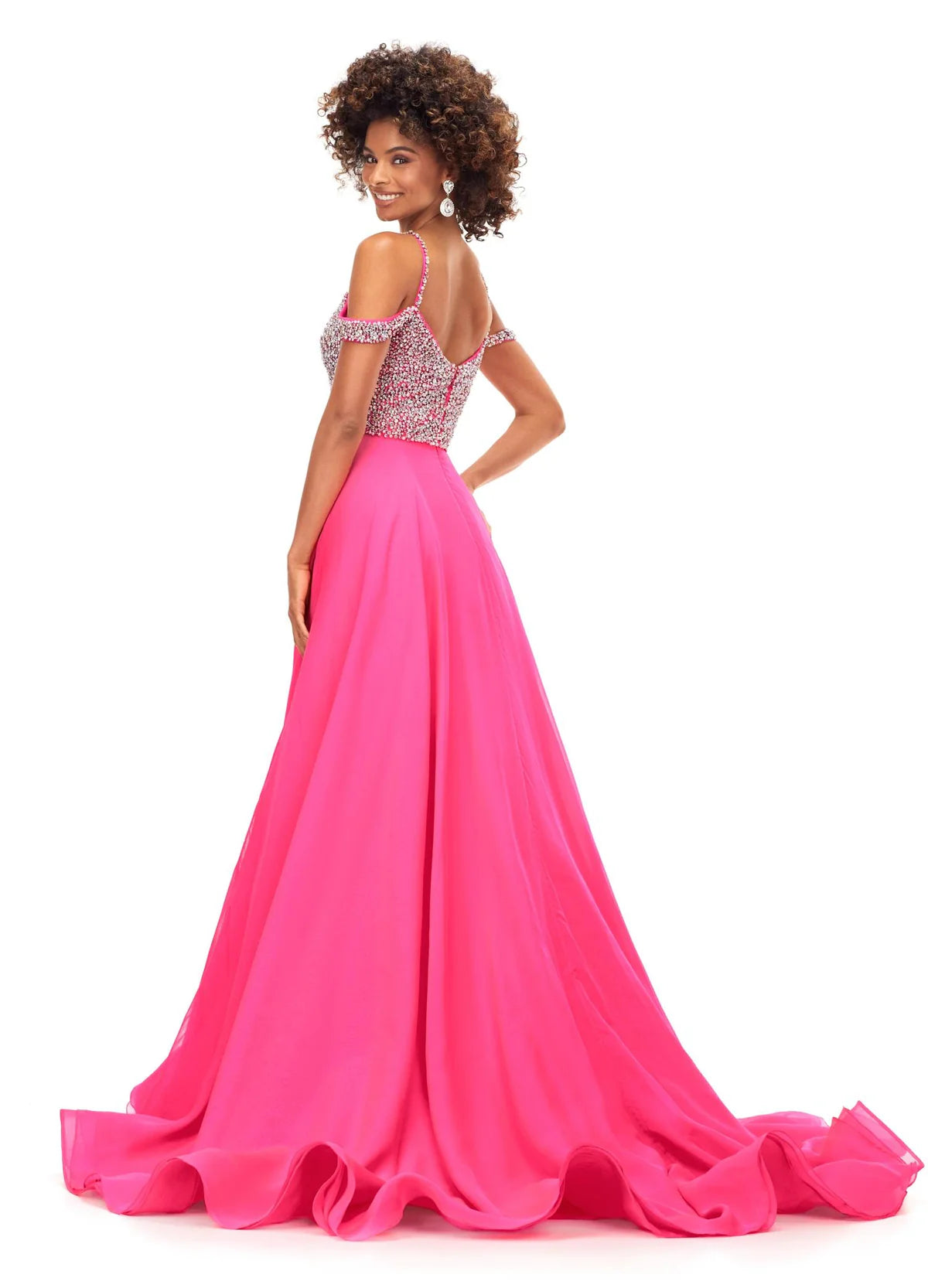 BAck view - Off-Shoulder Hot Pink Gown With Embellished Bodice, Spaghetti Straps, And Flowing Chiffon Skirt