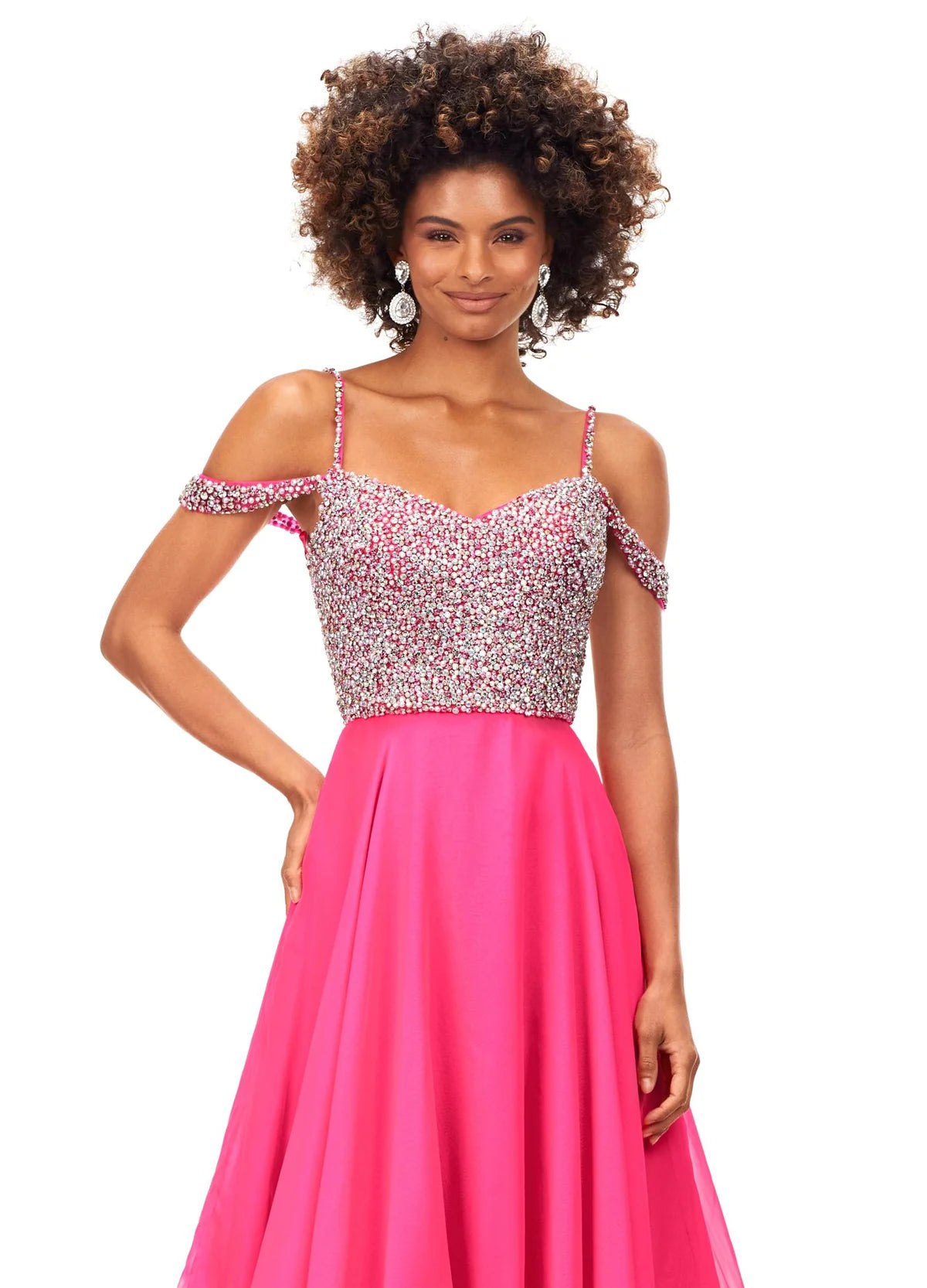 Close up - Off-Shoulder Hot Pink Gown With Embellished Bodice, Spaghetti Straps, And Flowing Chiffon Skirt
