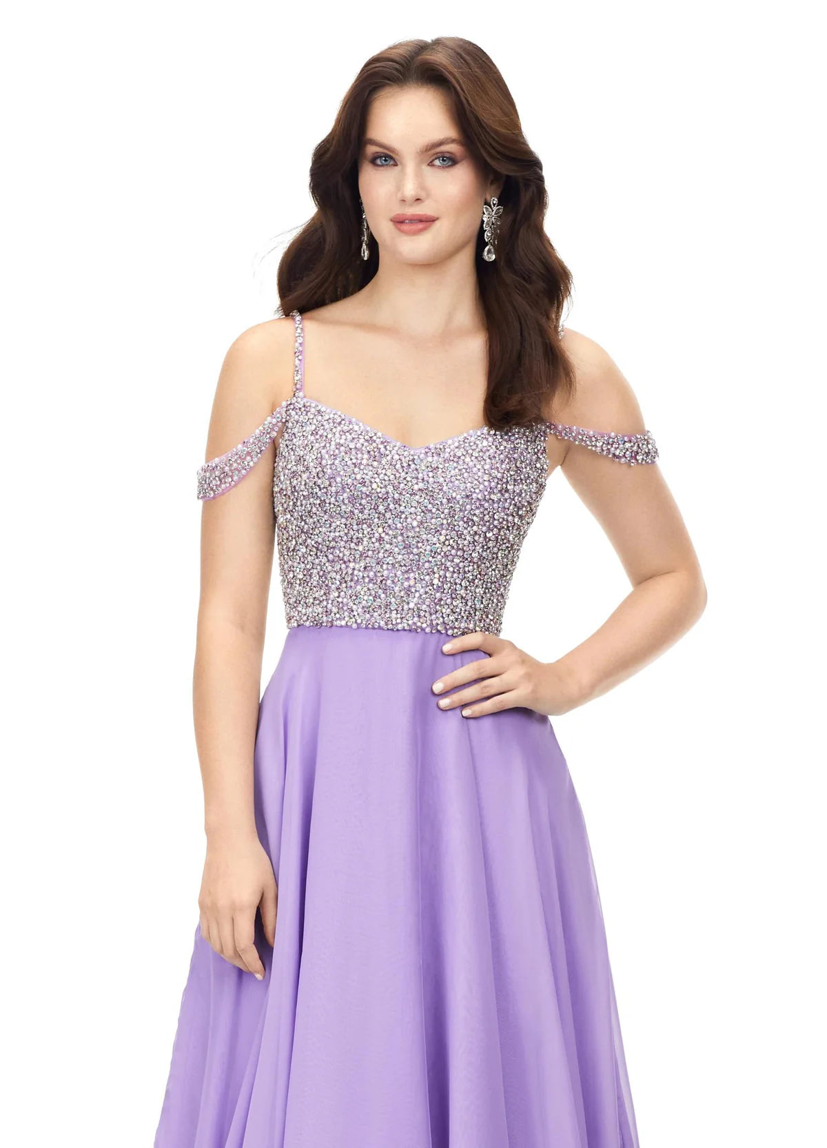 Close up - Off-Shoulder Lilac Gown With Embellished Bodice, Spaghetti Straps, And Flowing Chiffon Skirt