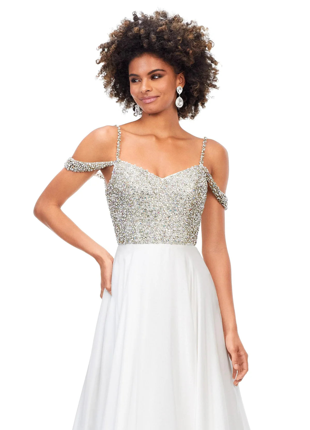 Close up - Off-Shoulder White Gown With Embellished Bodice, Spaghetti Straps, And Flowing Chiffon Skirt