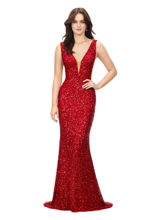Calista Gown | Electric-Red beaded gown with deep V neckline, mesh cut outs and a figure flattering silhouette, perfect for galas, red carpets or high profile events