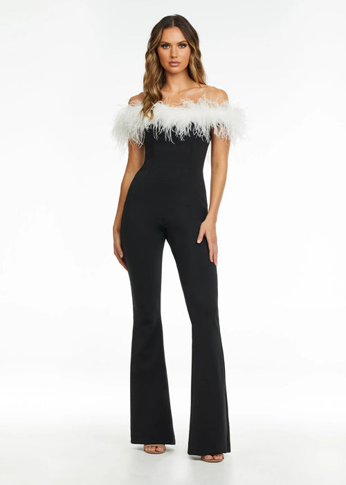Miron Jumpsuit | Black-white off-shoulder jumpsuit with feather trim