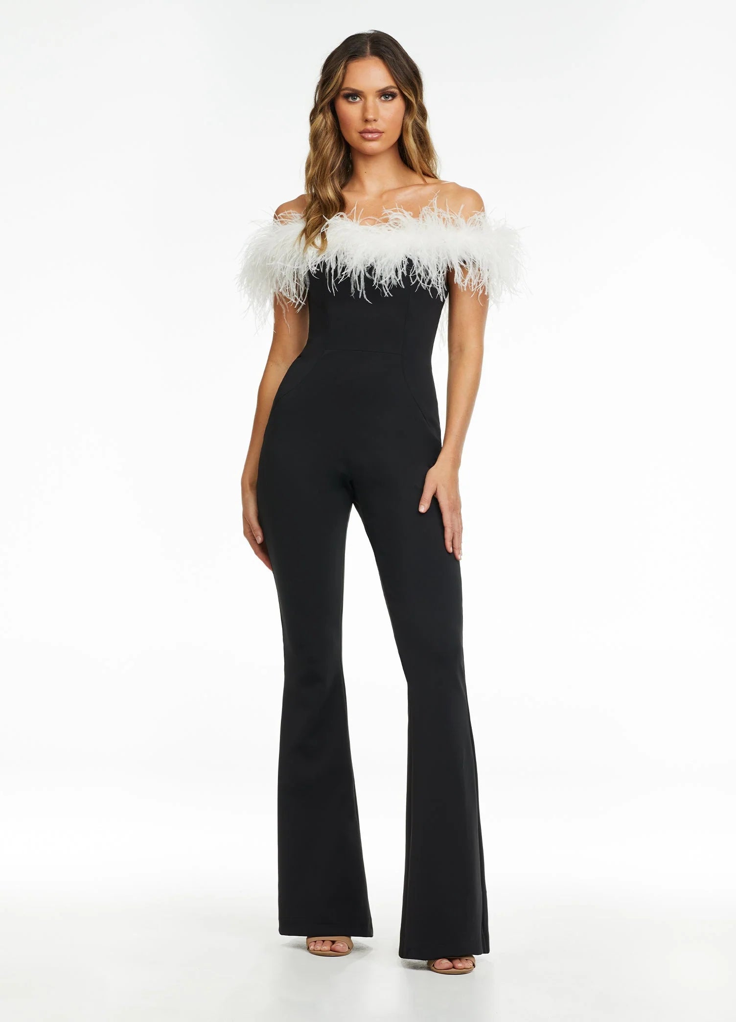 ASHLEYlauren 11100 Miron Jumpsuit – Chic off-shoulder jumpsuit with luxurious feather detailing, a fitted bodice, and dramatic flare pant legs, crafted from sleek scuba fabric for a stylish and sophisticated look.