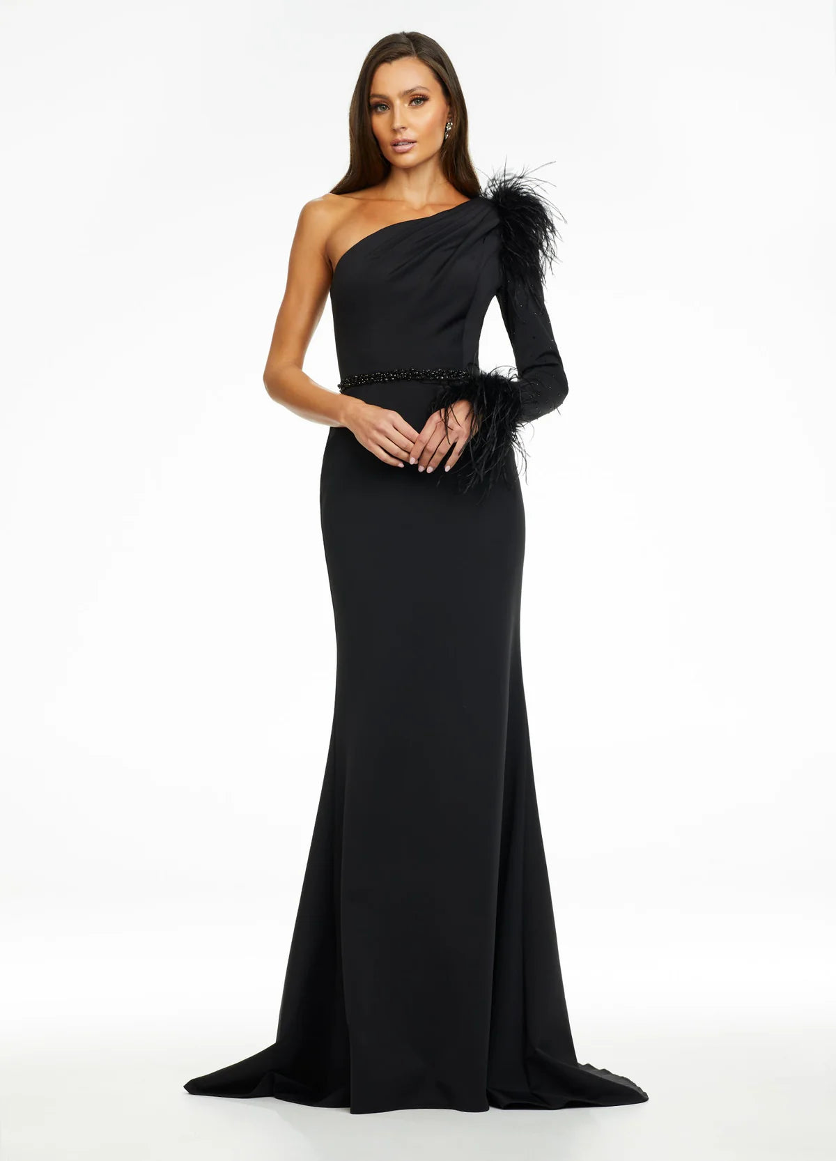 Black Isla Gown, Ashley Lauren Dress – Beaded Evening Dress with Sheer Bodice & Elegant Train
