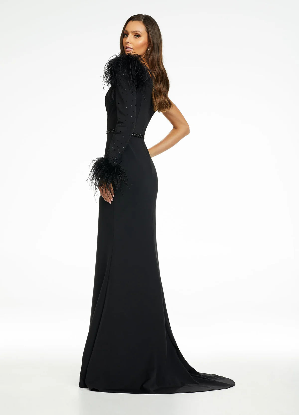 Back View - Black Isla Gown, Ashley Lauren Dress – Beaded Evening Dress with Sheer Bodice & Elegant Train