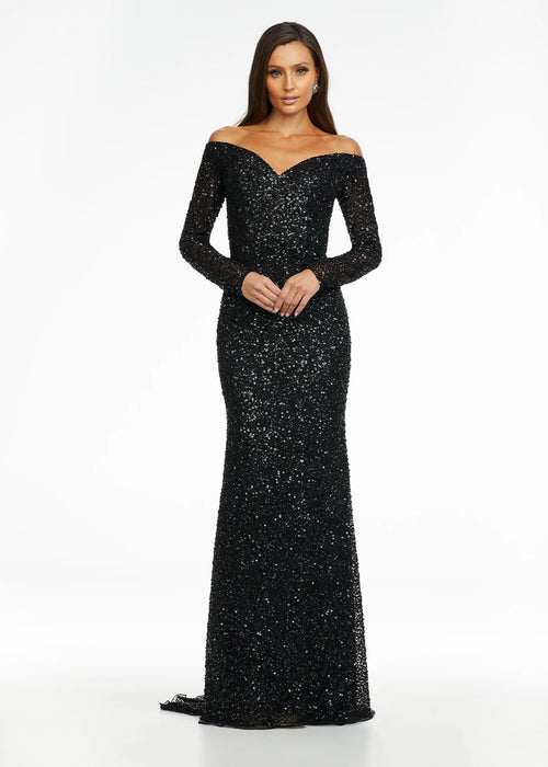 Mya Gown | Black Off the shoulder sequin gown with fitted sleeves, sleek silhouette and dramatic floor length finish