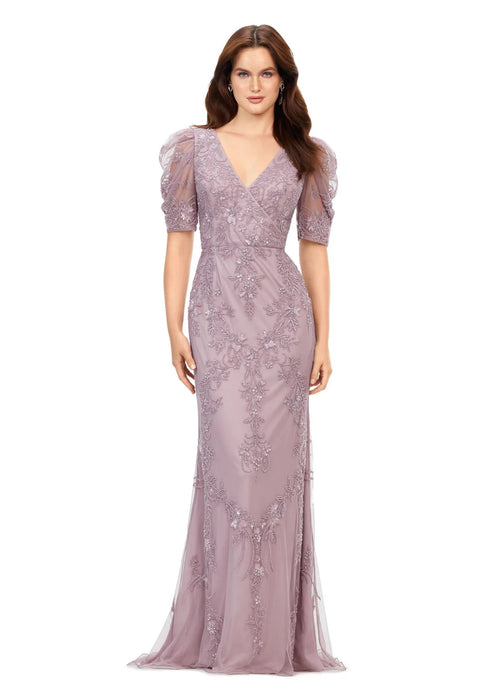 Penny Gown | Dusty-Mauve evening gown with V-neckline, wrap bustier, and ruffled puff sleeves, perfect for galas, weddings, and elegant celebrations.