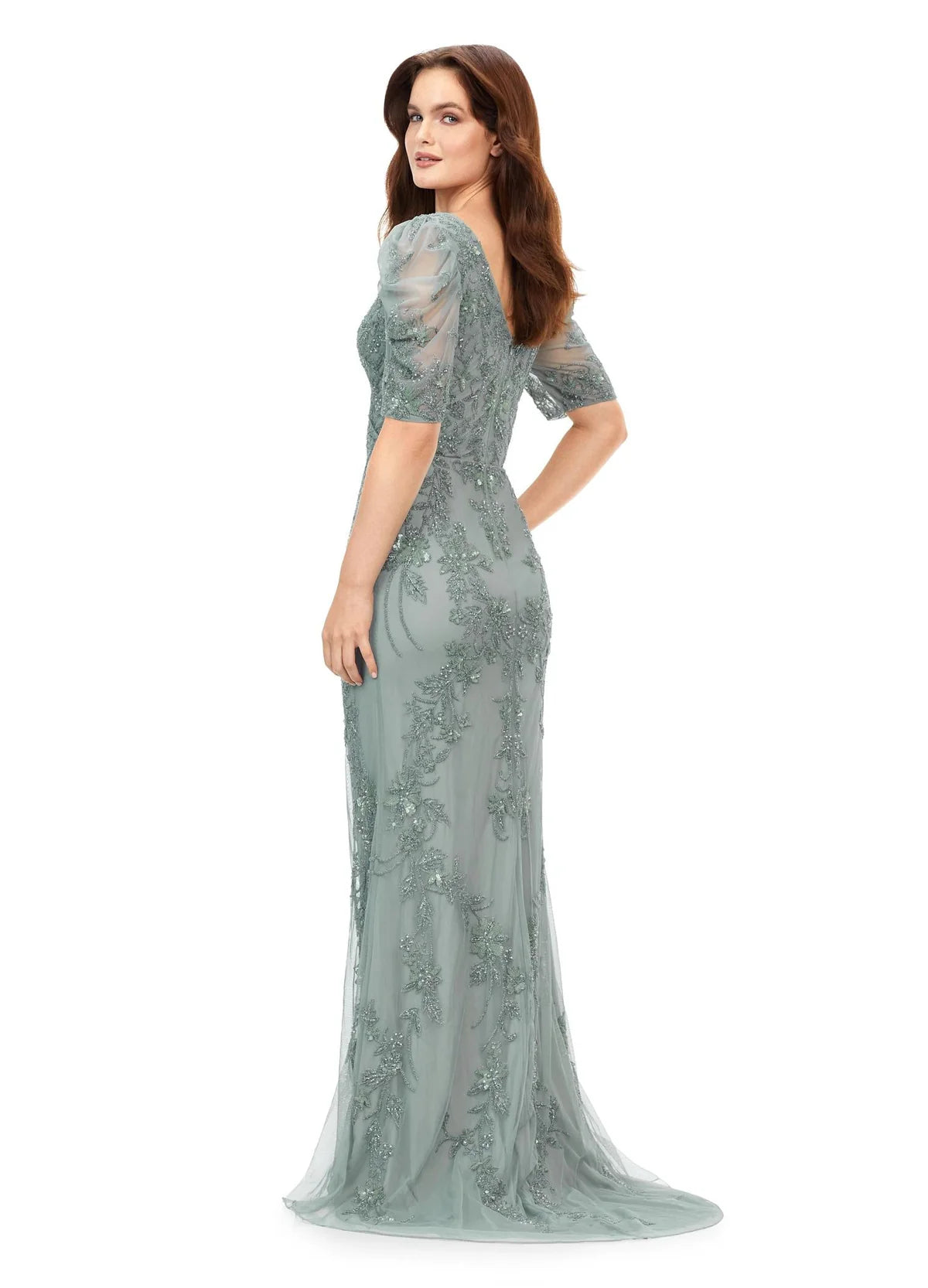 Back view of an elegant gown with floral embroidery, sheer detailing, ruched puff sleeves, and a modest scoop back