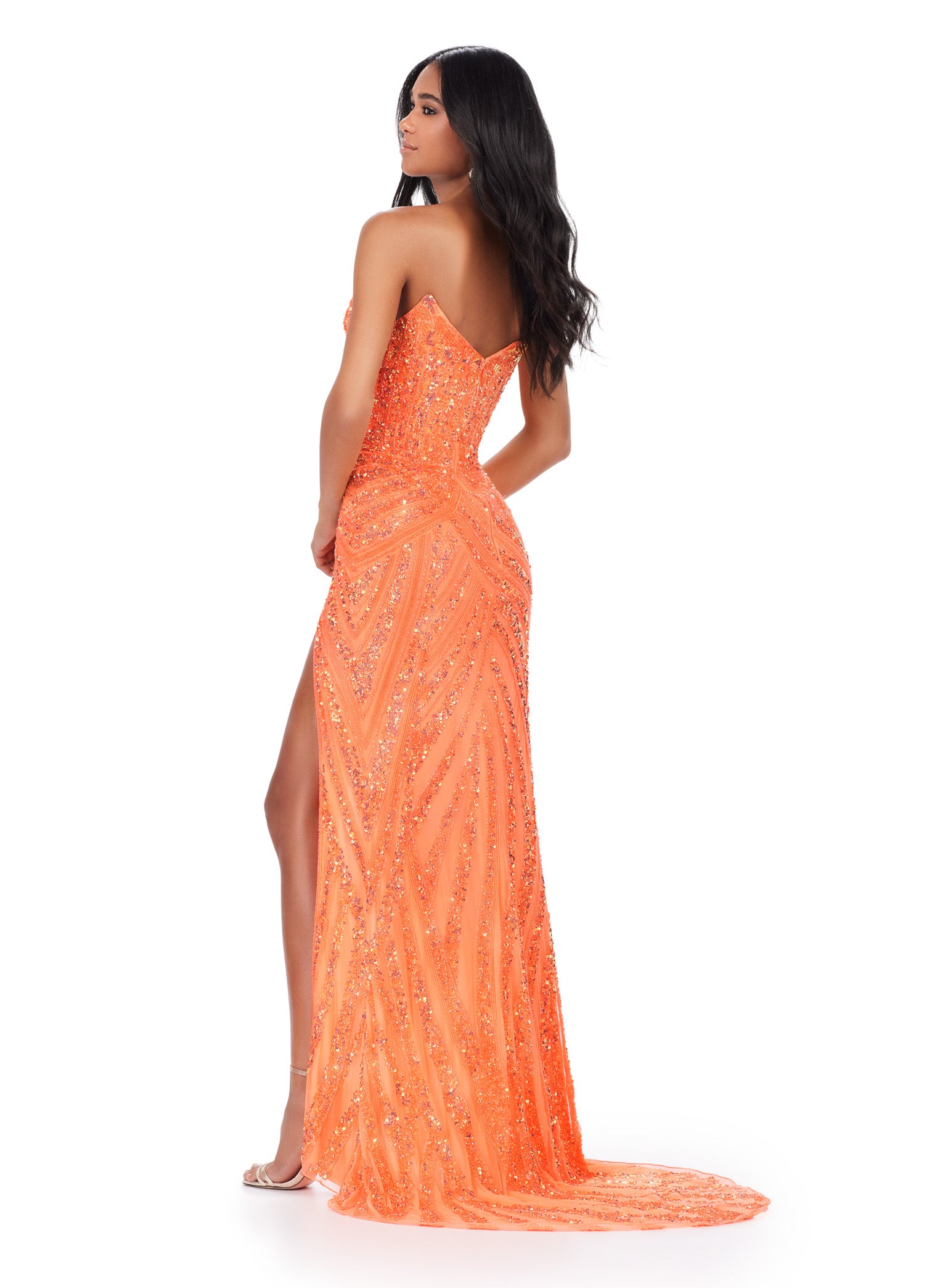 Coral Strapless Sequin Evening Gown with Plunge Neckline and Thigh-High Slit – Glamorous Formal Wear