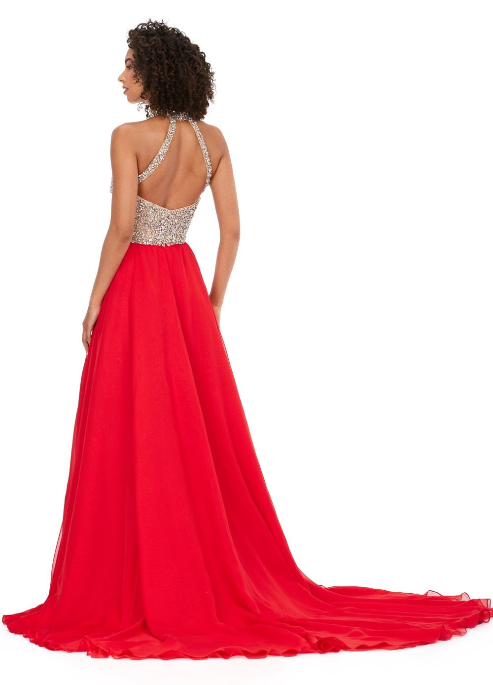 Back View - Halter-neck gown featuring a sparkling embellished bodice with a keyhole cut-out, flowing into a soft, red, sheer A-line skirt with a thigh-high slit, offering an elegant and ethereal look.