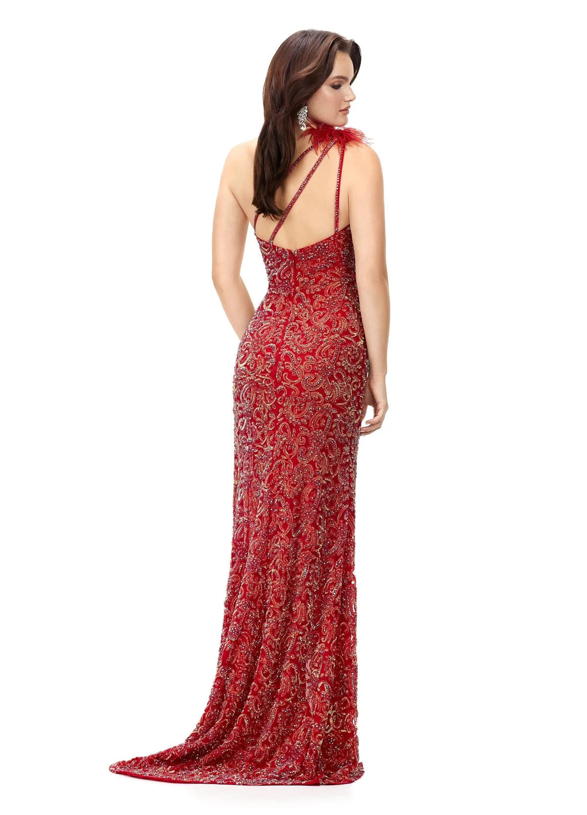Back view - Stunning one-shoulder evening gown with intricate beadwork, feathered shoulder detail, and a thigh-high slit for a bold and glamorous look.