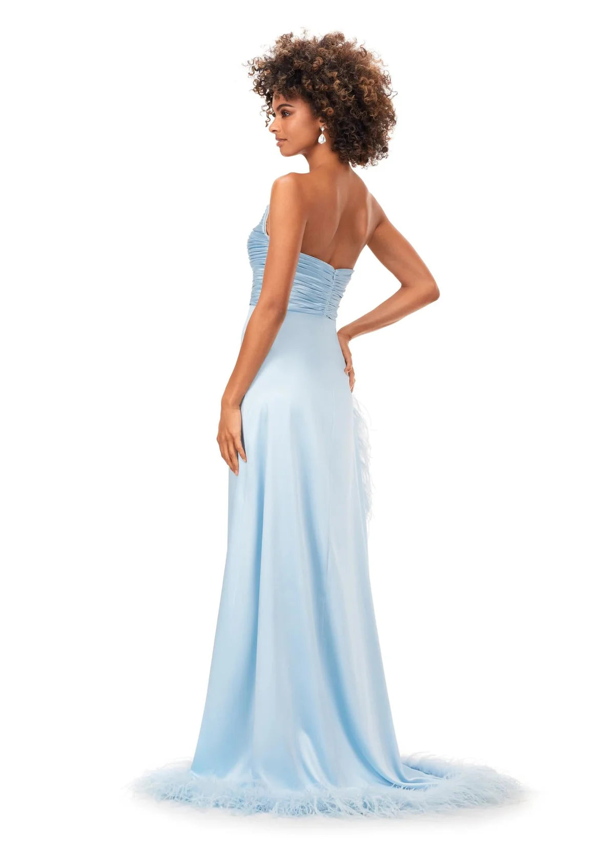 Back view - Elegant light blue strapless evening gown featuring a ruched bodice and a dramatic feather-trimmed slit, exuding timeless sophistication and modern flair.