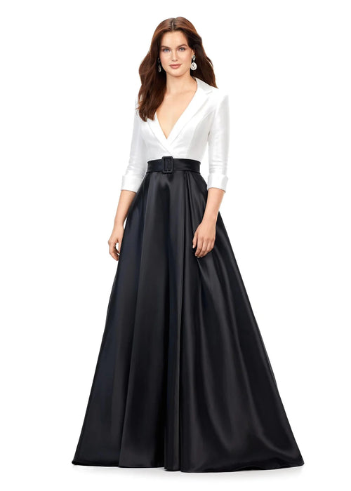 Felicity Gown | Ivory-black satin gown with a v neckline, structured bustier, wrap lapel detail, and buckled belt, combining timeless grace with modern sophistication.