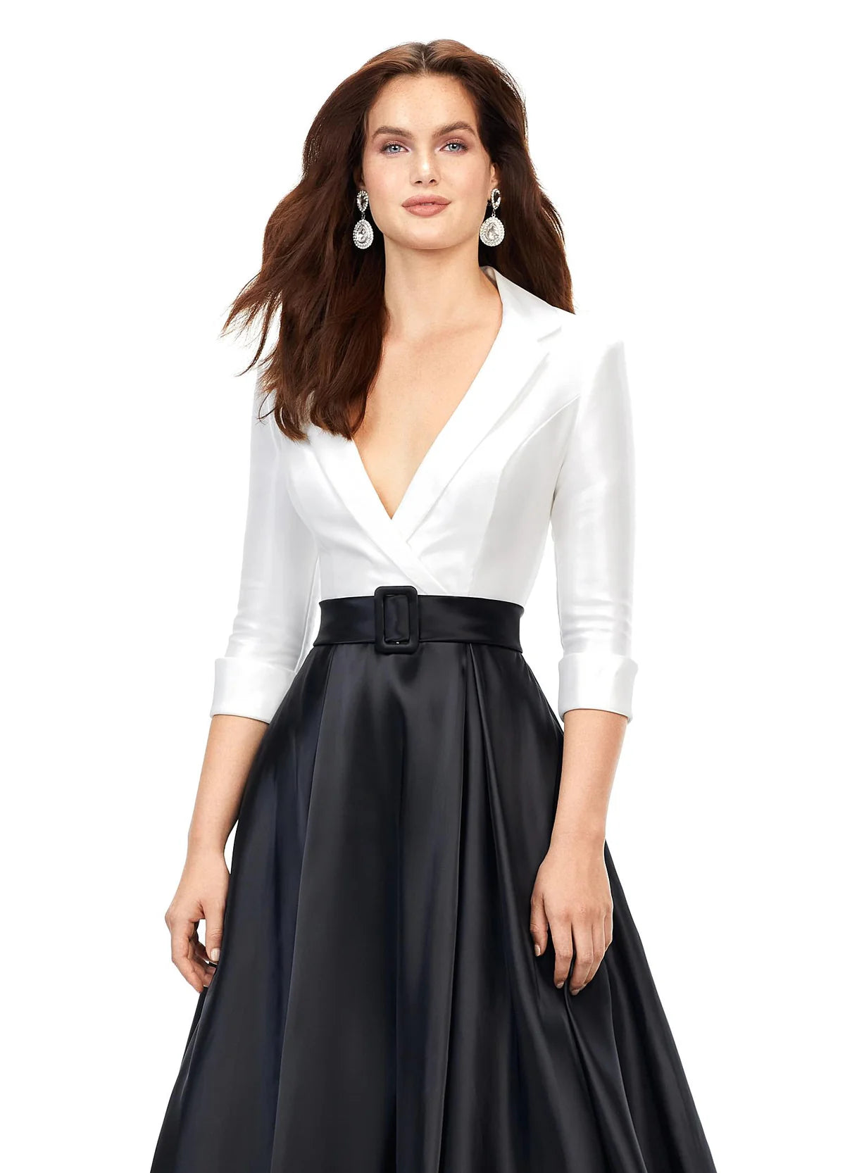 Black and white gown with a tailored white plunging neckline bodice, three-quarter sleeves, and a voluminous black satin A-line skirt featuring a belted waist.