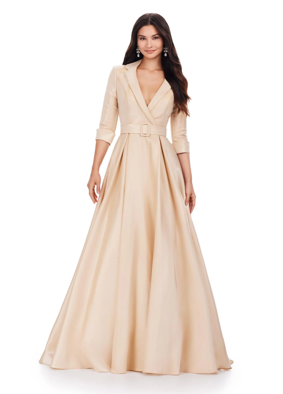 Ivory gown with a tailored white plunging neckline bodice, three-quarter sleeves, and a voluminous black satin A-line skirt featuring a belted waist.