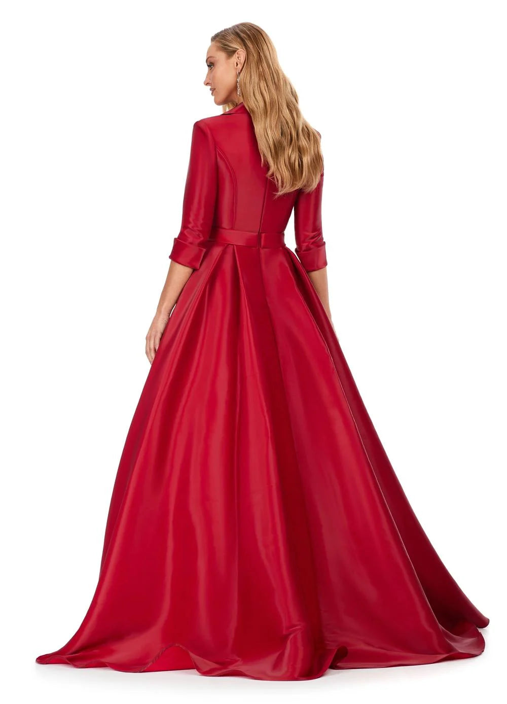 Back View - Stunning Red gown with a tailored white plunging neckline bodice, three-quarter sleeves, and a voluminous black satin A-line skirt featuring a belted waist.