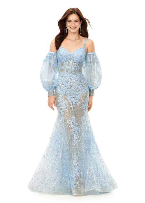 Fern Gown | Sky gown with a sweetheart neckline, sheer lace bodice, voluminous off the shoulder puff sleeves, fitted silhouette, and sequin embellishments cascading to a mermaid style hem.