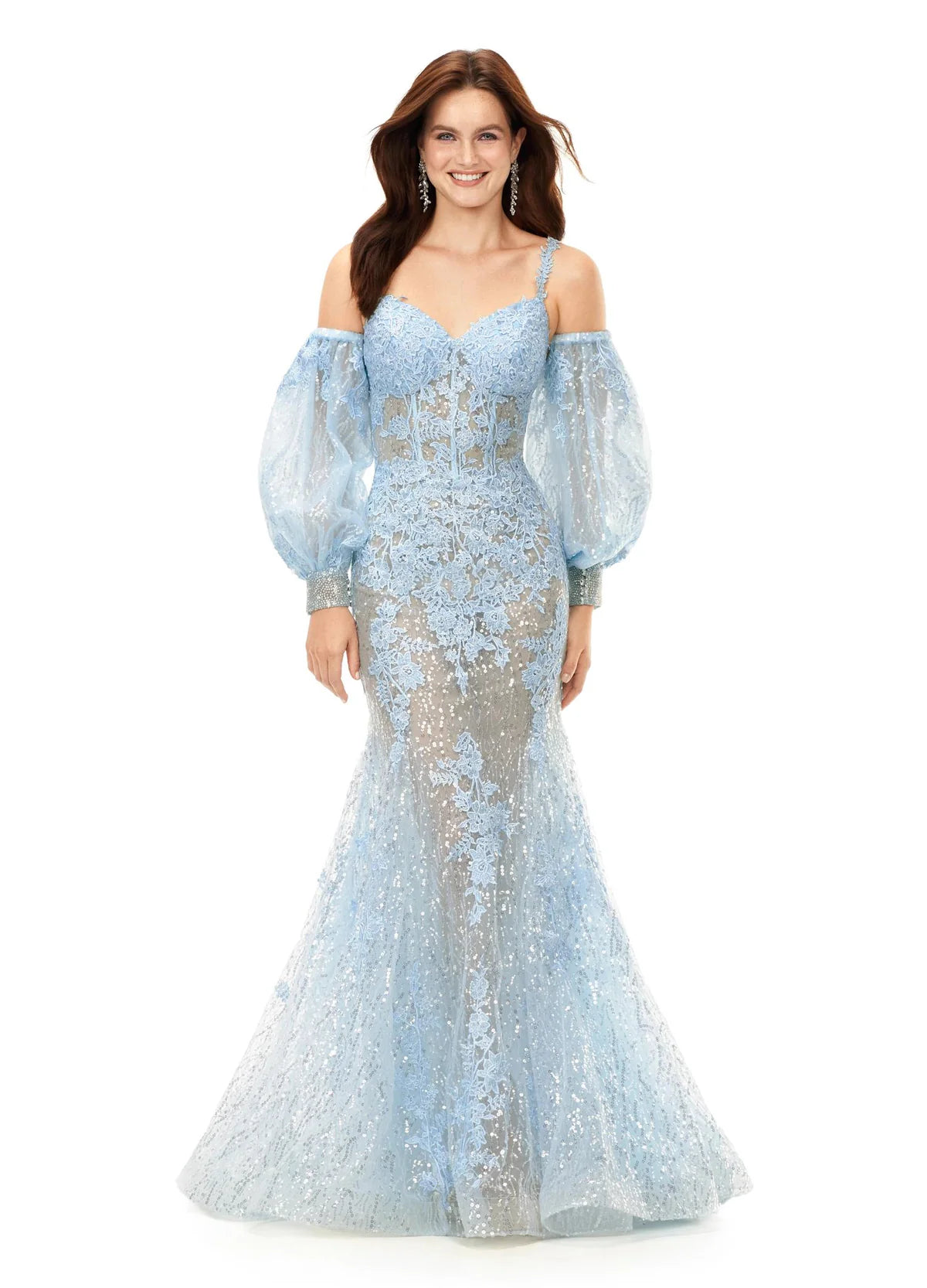 Light blue gown with a sweetheart neckline, sheer lace bodice, voluminous off-the-shoulder puff sleeves, fitted silhouette, and sequin embellishments cascading to a mermaid-style hem.