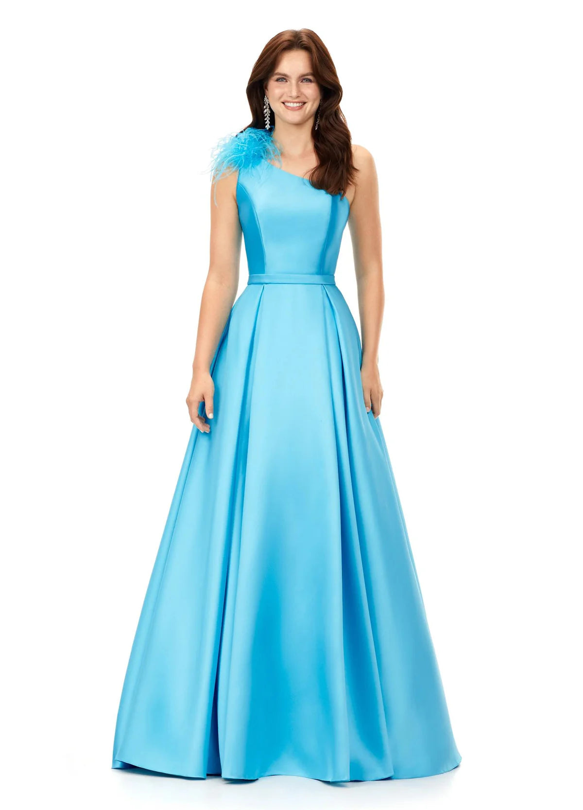 One-Shoulder Baby Blue Ball Gown with Feather Detail | Elegant and Timeless Dress for Formal Events