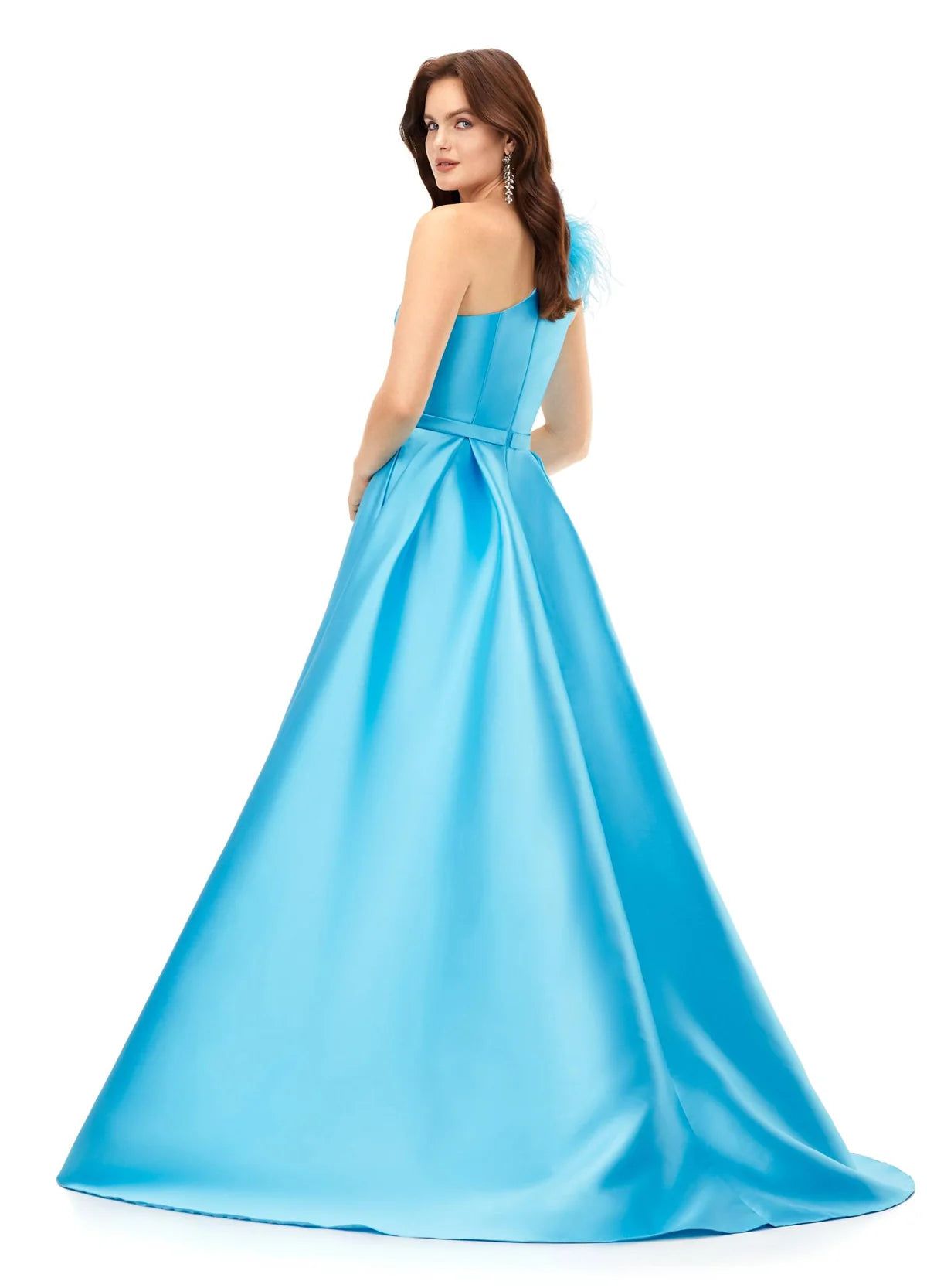 Back View - One-Shoulder Baby Blue Ball Gown with Feather Detail | Elegant and Timeless Dress for Formal Events