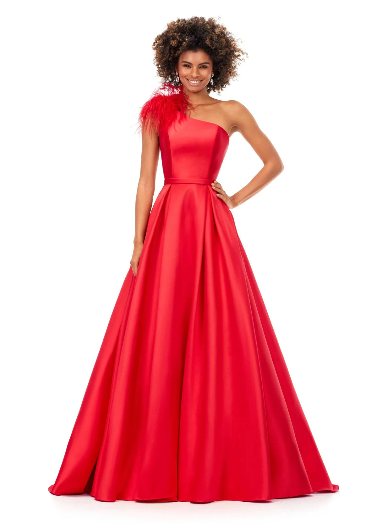 One-Shoulder Red Ball Gown with Feather Detail | Elegant and Timeless Dress for Formal Events