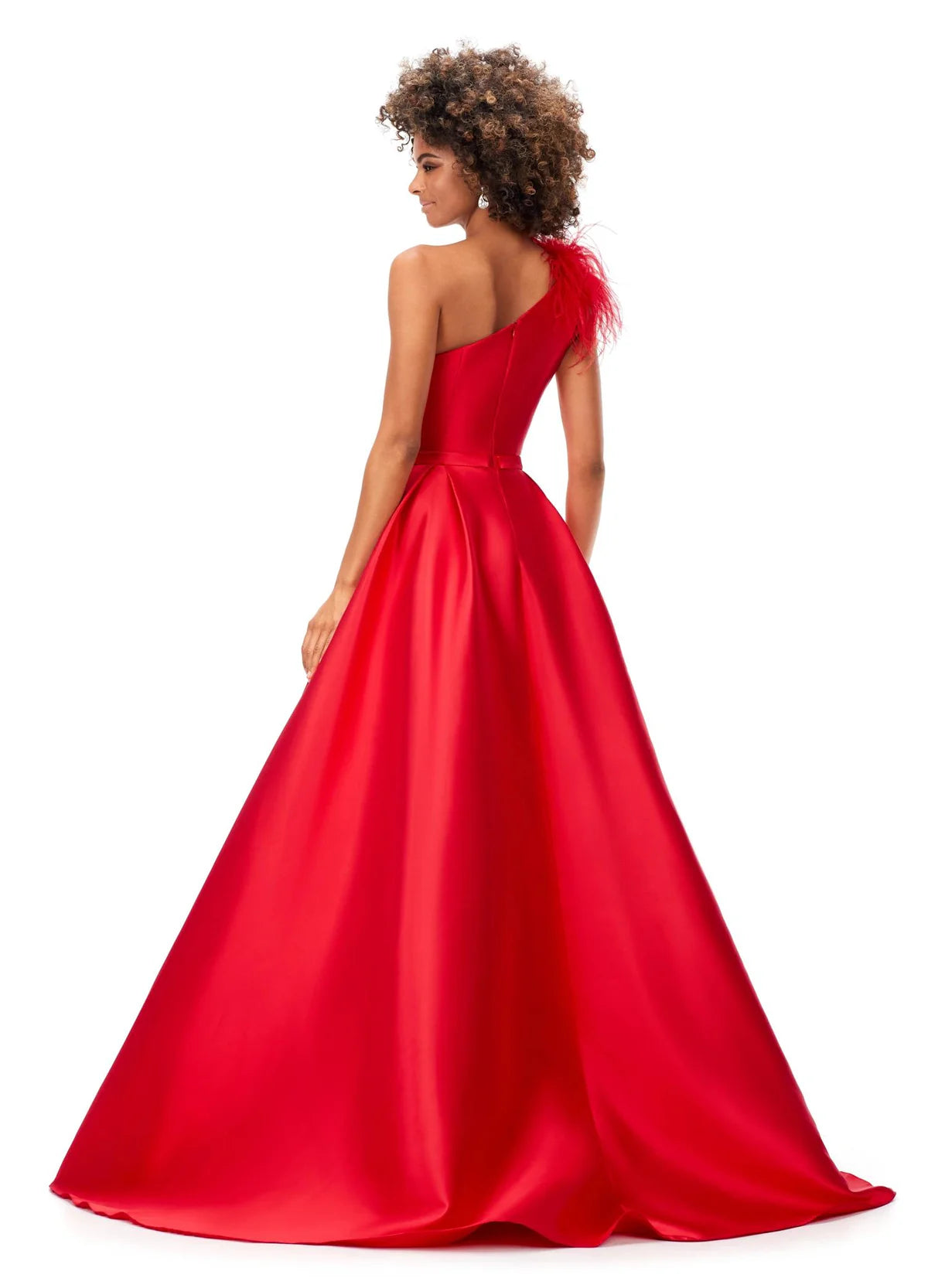 Back View - One-Shoulder Red Ball Gown with Feather Detail | Elegant and Timeless Dress for Formal Events