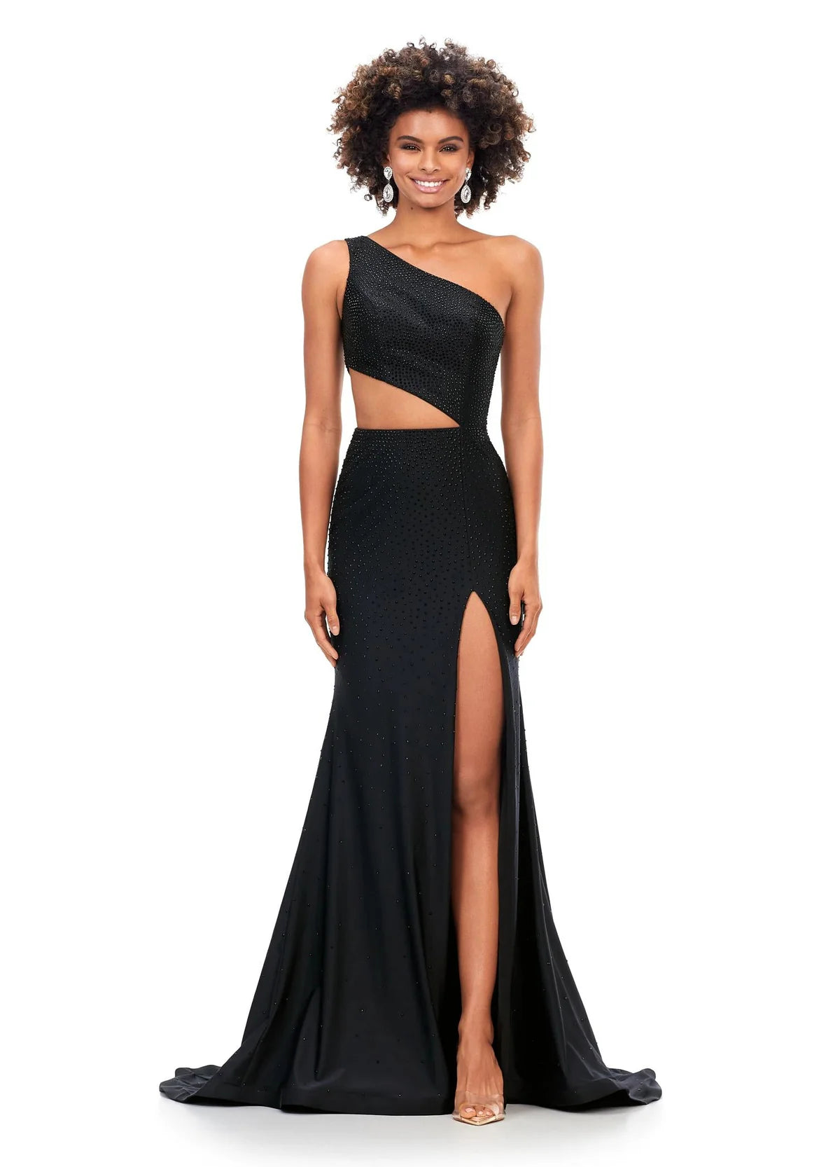 One-shoulder black fitted evening gown with a shimmering finish, cut-out waist detail, and a daring thigh-high slit for an effortlessly glamorous look.
