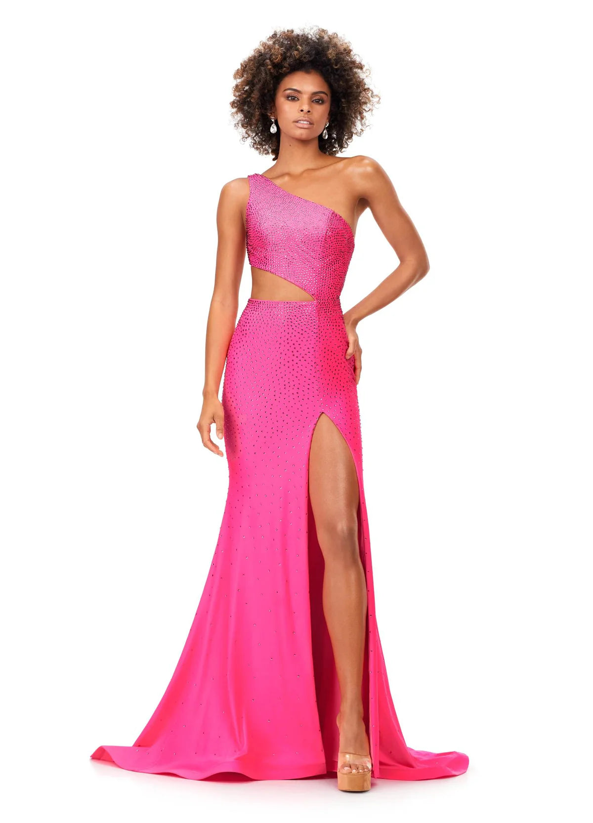 One-shoulder pink fitted evening gown with a shimmering finish, cut-out waist detail, and a daring thigh-high slit for an effortlessly glamorous look.