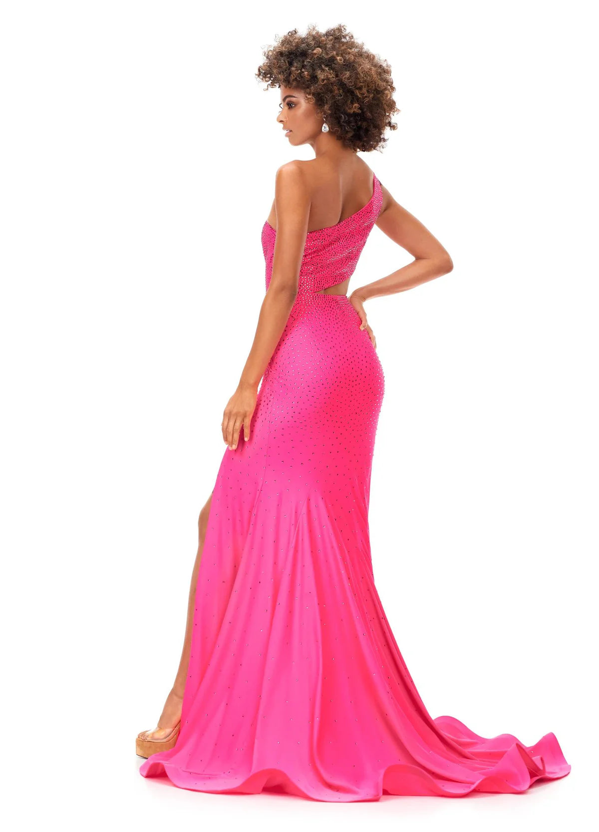 Back view - One-shoulder pink fitted evening gown with a shimmering finish, cut-out waist detail, and a daring thigh-high slit for an effortlessly glamorous look.