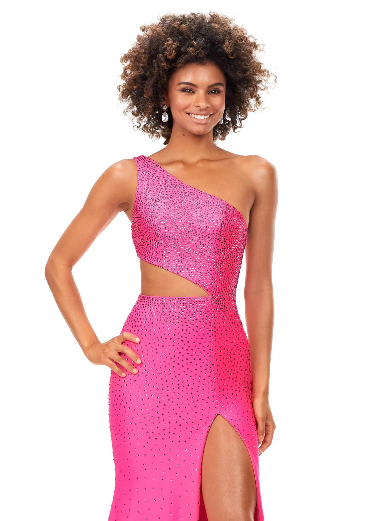 Close up - One-shoulder pink fitted evening gown with a shimmering finish, cut-out waist detail, and a daring thigh-high slit for an effortlessly glamorous look.