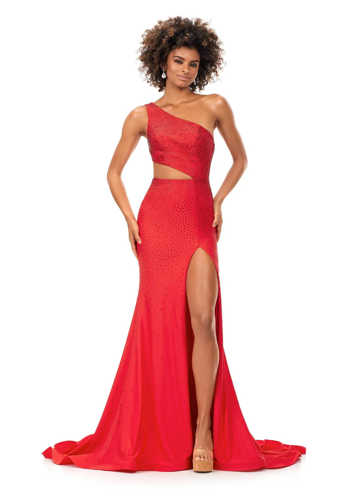 One-shoulder red fitted evening gown with a shimmering finish, cut-out waist detail, and a daring thigh-high slit for an effortlessly glamorous look.