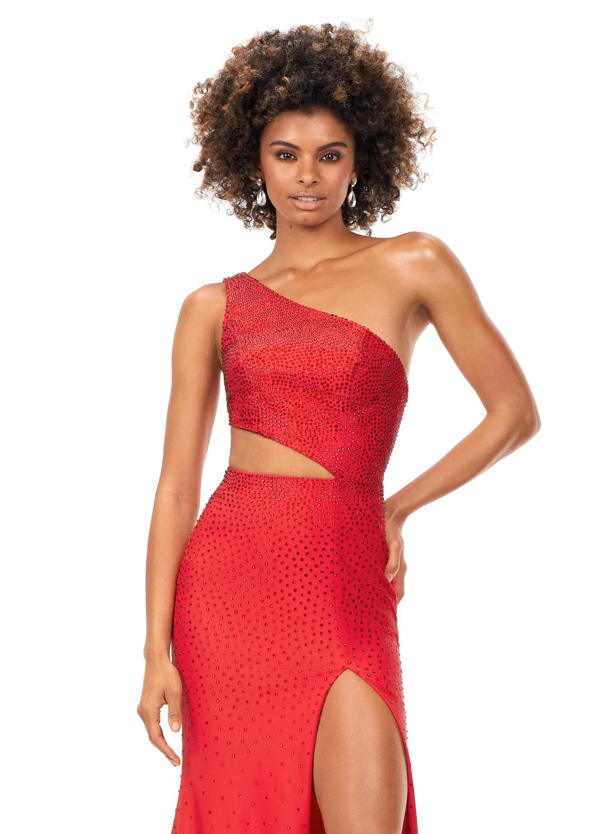 Close up - One-shoulder red fitted evening gown with a shimmering finish, cut-out waist detail, and a daring thigh-high slit for an effortlessly glamorous look.
