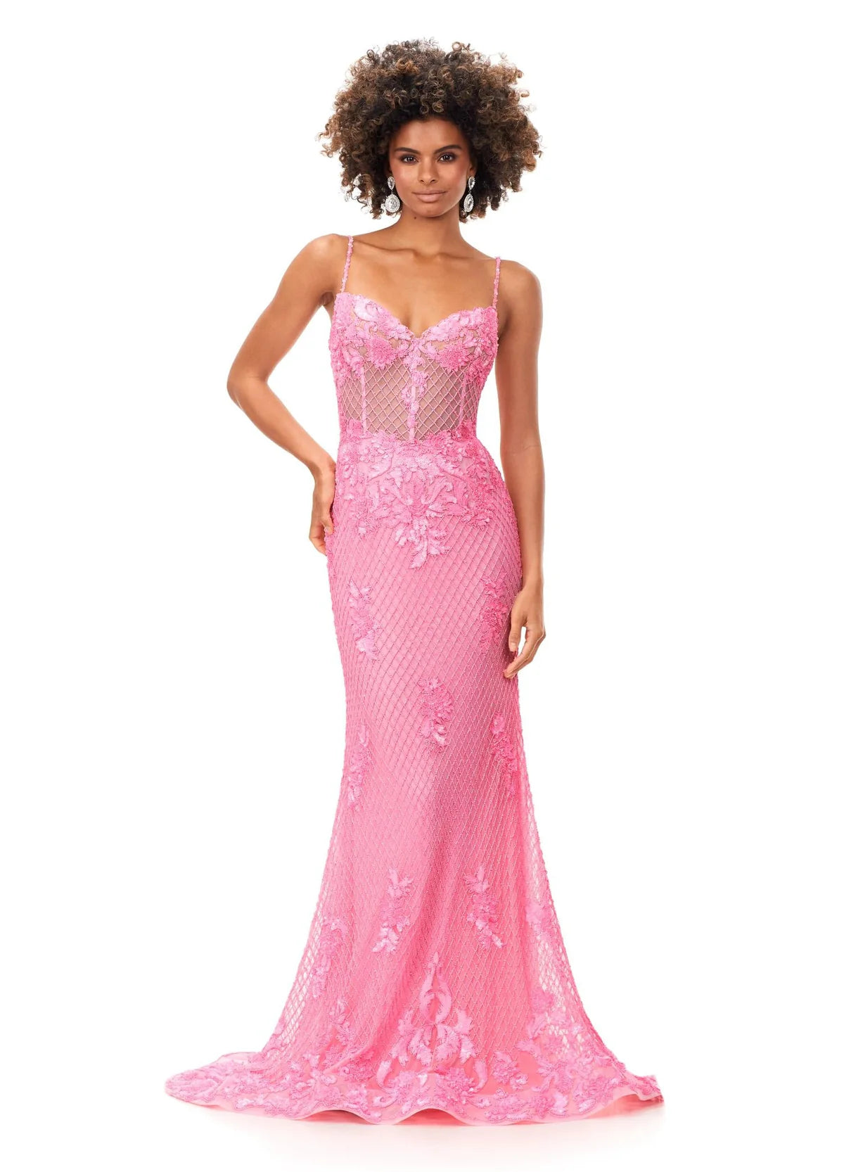 Pink mermaid gown adorned with intricate floral appliqués and shimmering sequins, featuring a sheer bodice and delicate spaghetti straps for an ethereal and elegant look.