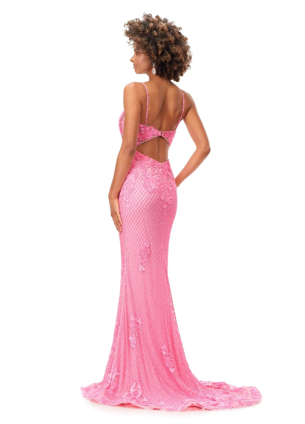 Back view - Pink mermaid gown adorned with intricate floral appliqués and shimmering sequins, featuring a sheer bodice and delicate spaghetti straps for an ethereal and elegant look.