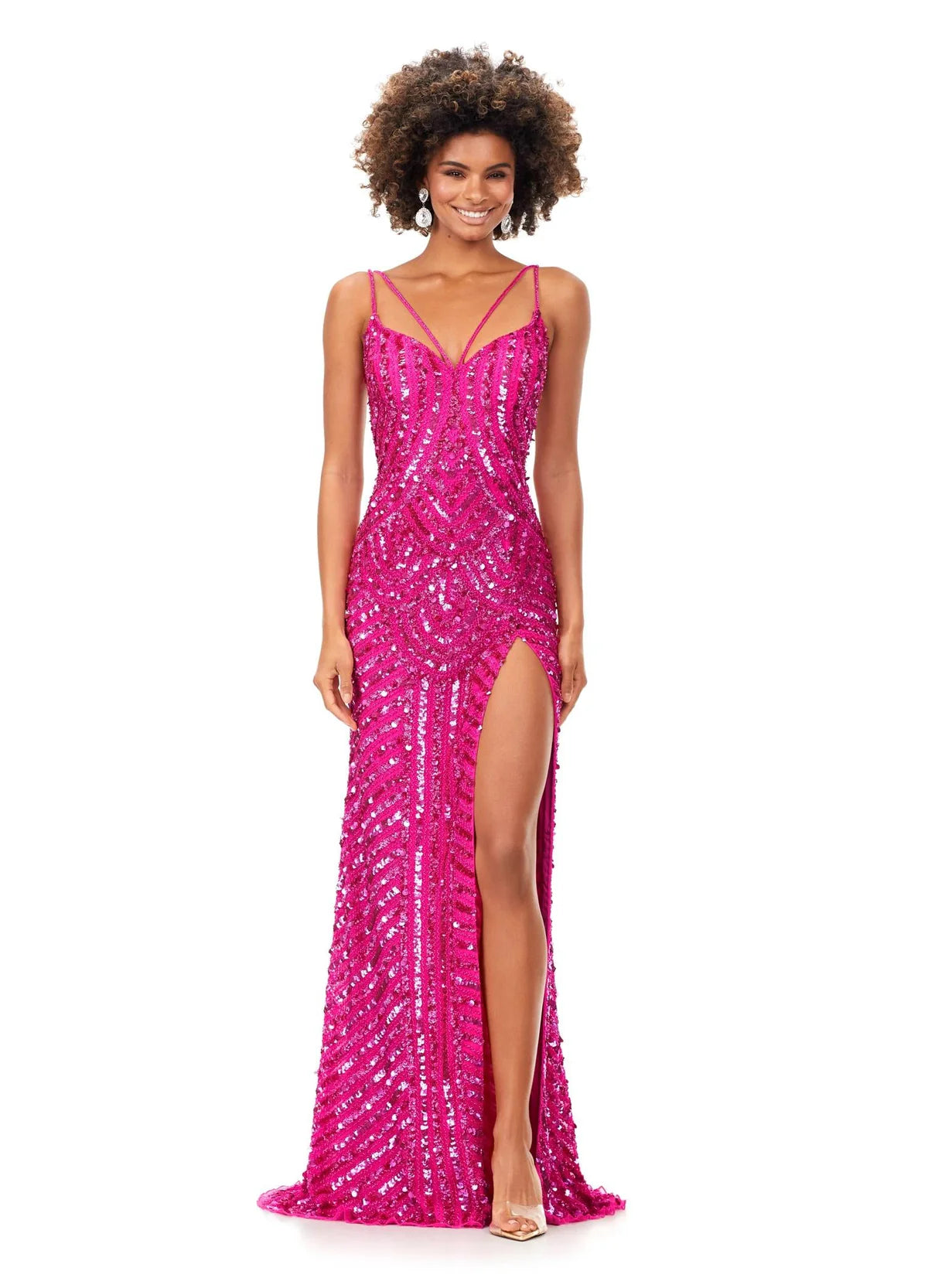 Pink embellished Gown With Spaghetti Straps And High Thigh Slit
