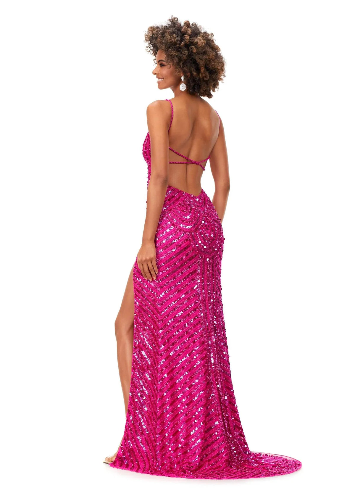 Back view - Pink embellished Gown With Spaghetti Straps And High Thigh Slit