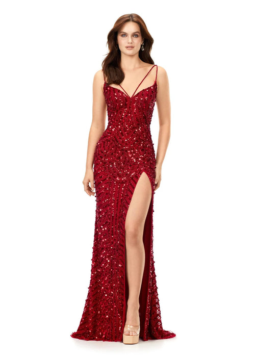 Amora Gown | Red shimmering romantic evening gown featuring a sweetheart neckline, delicate spaghetti straps, open back and elegant left leg slit perfect for galas weddings and glamorous events