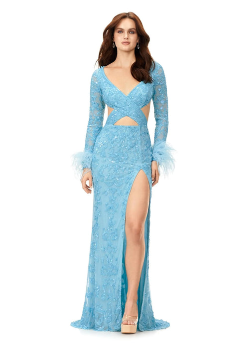 Beauty Gown | Sky Featuring a daring crisscross cut out bodice, feather trimmed sleeves and intricate beading with a dramatic left leg slit and sweeping train, this gown exudes bold glamour and elegance, perfect for formal events, galas or any special occasion
