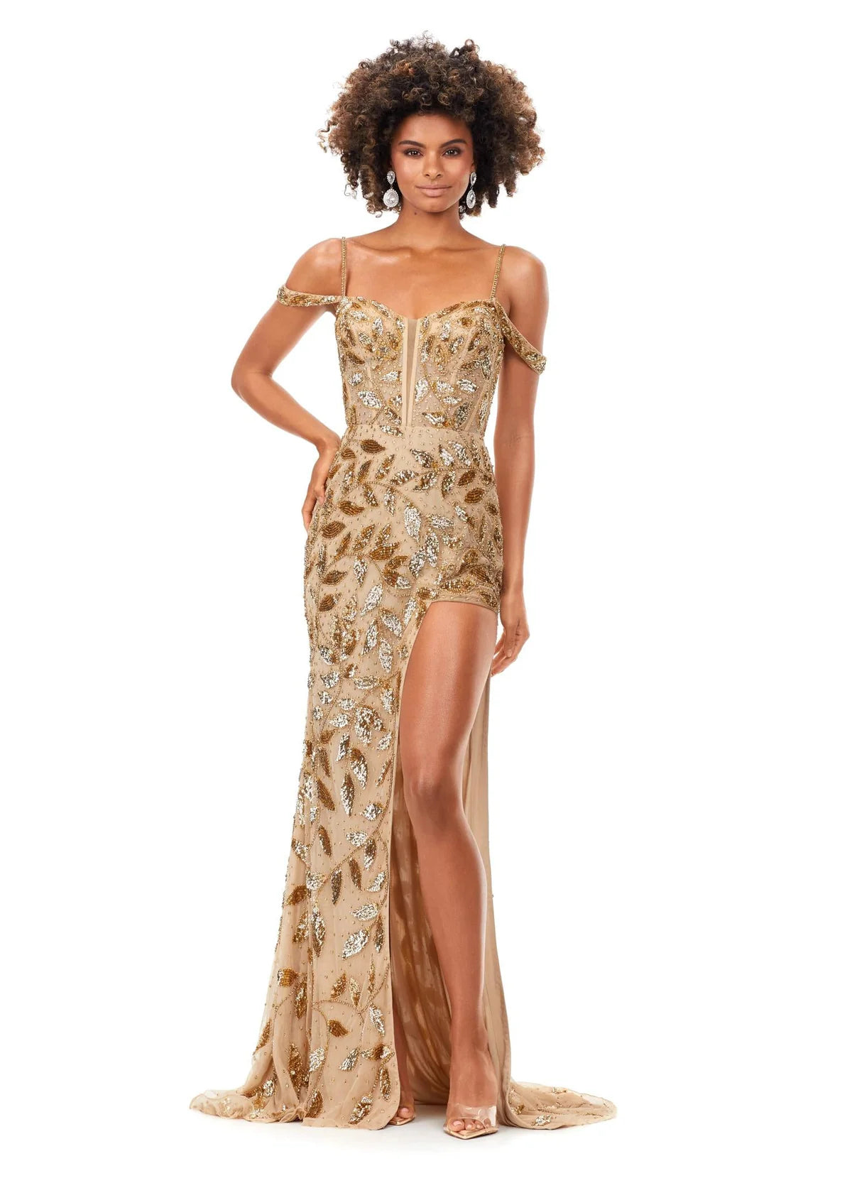 Gold Off-Shoulder Gown With Leaf Embellishments And High Slit