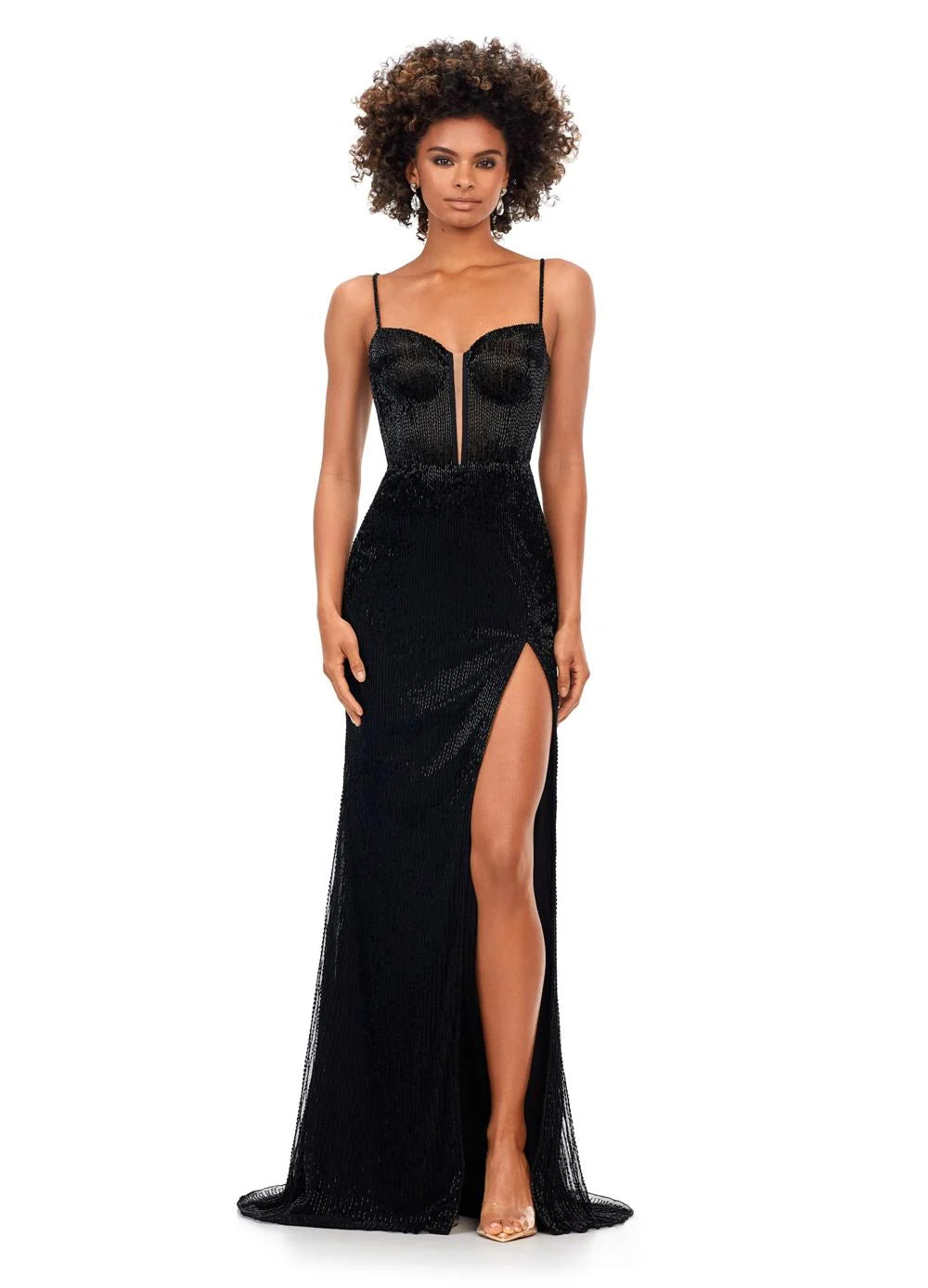Black beaded gown with a strapless neckline, illusion plunge, and a thigh-high slit for a glamorous and sophisticated look.