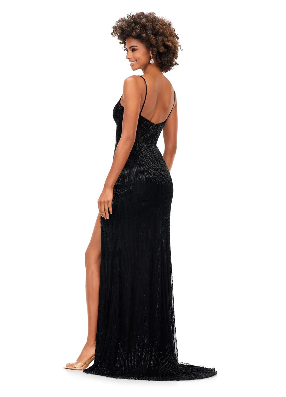 Back view - Black beaded gown with a strapless neckline, illusion plunge, and a thigh-high slit for a glamorous and sophisticated look.