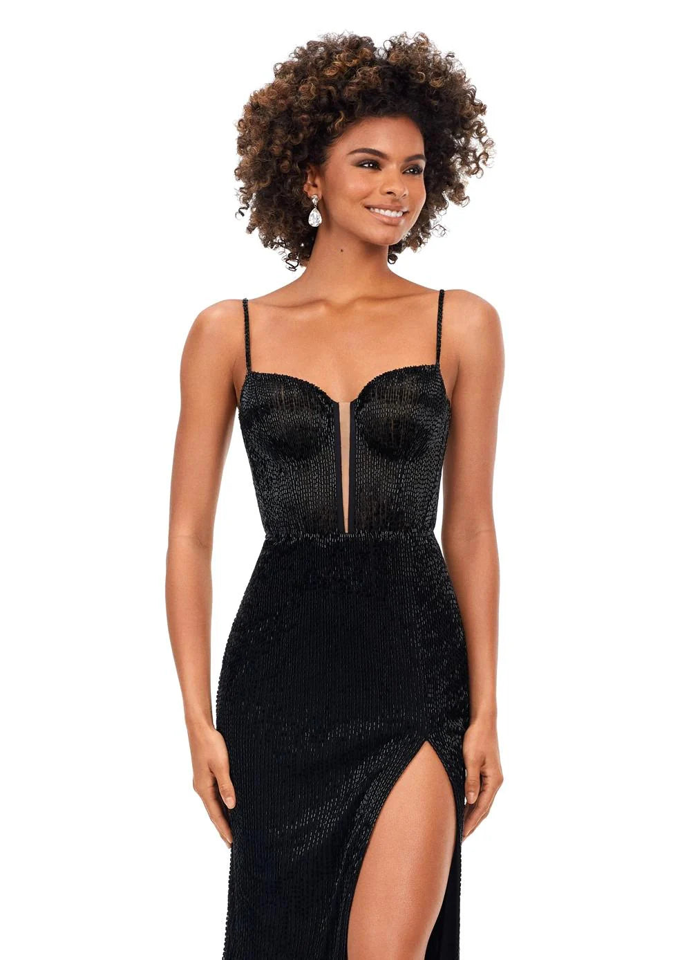 Black beaded gown with a strapless neckline, illusion plunge, and a thigh-high slit for a glamorous and sophisticated look.